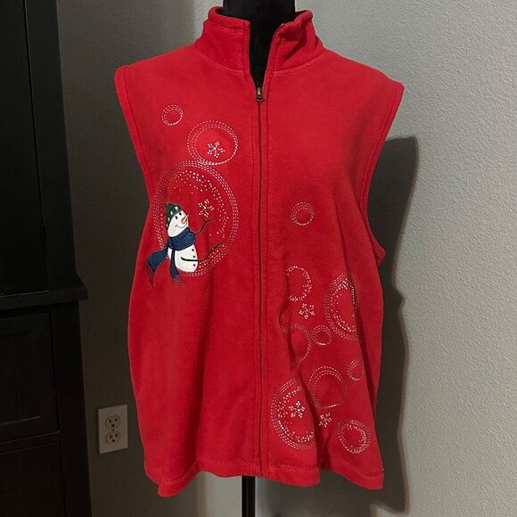 Rebecca Malone Holiday Vest Womens XL Red Fleece Snowman Embroidered Christmas - Picture 1 of 9